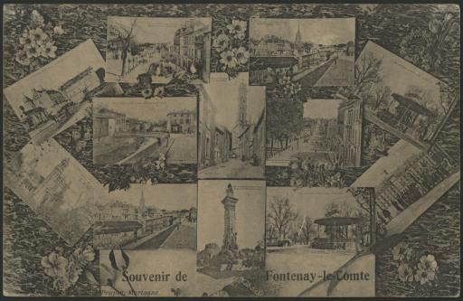 Vues générales, cartes à vignettes : bordée de fleurs (vue 1), Fontenay-le-Comte écrit sur fond noir avec les vignettes insérées dans les lettres F et C (vue 2), vue d'ensemble prise du halage bordée de fleurs (vue 3), vignettes portées par des oiseaux (vue 4), vignette de l'église au centre bordée d'autres vues de la ville (vues 5-8) / H. Dutate phot. (vue 3).